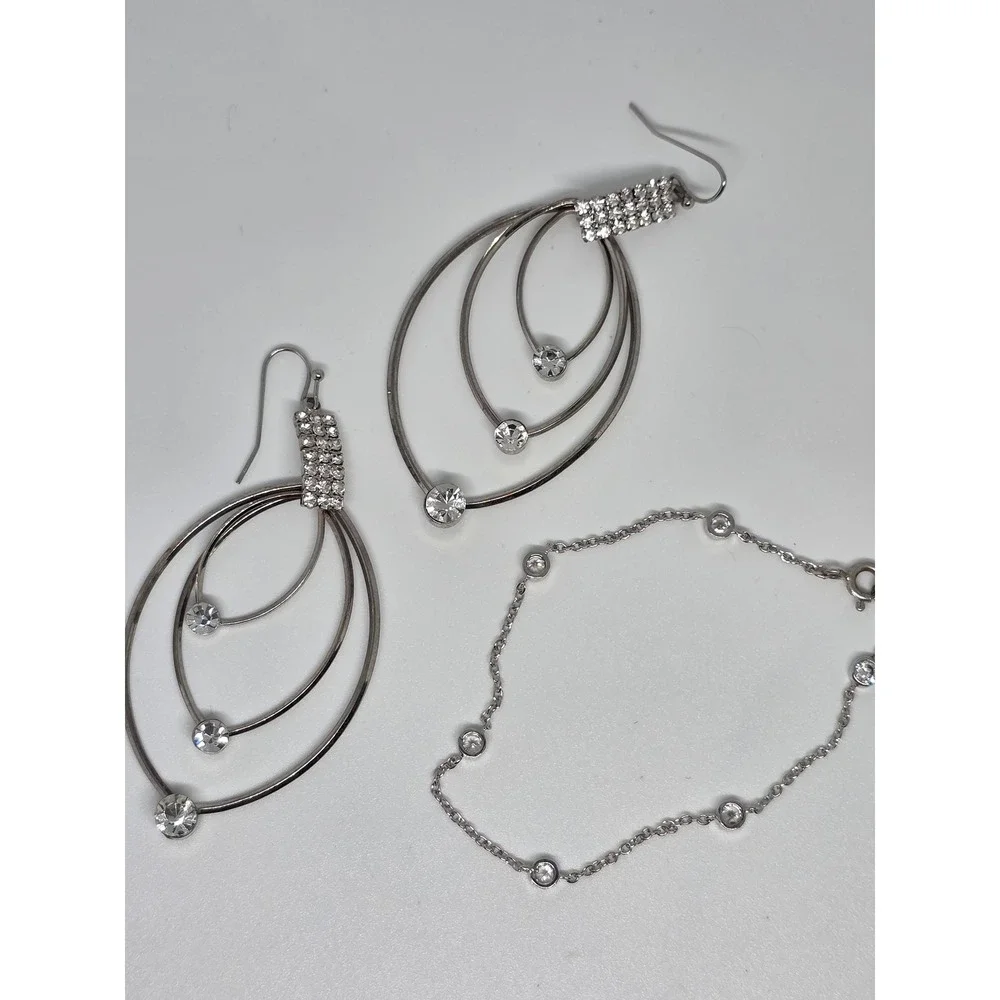 Silver Tone Crystal Earrings Bracelet Set Womens Jewelry